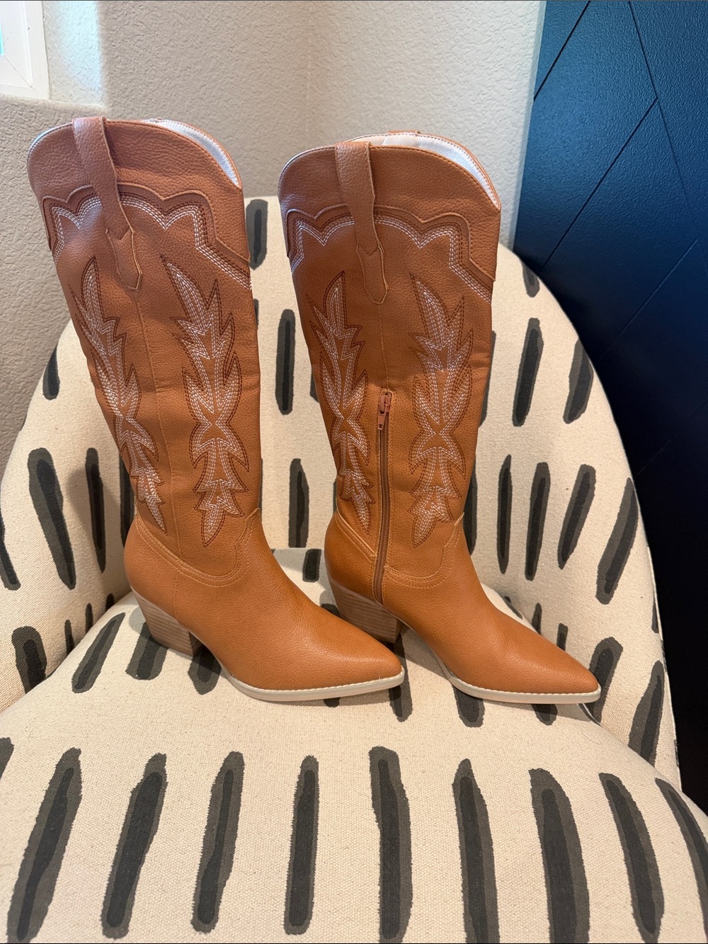 Women's Tan Western Knee-High Boots with Embroidered Shaft
